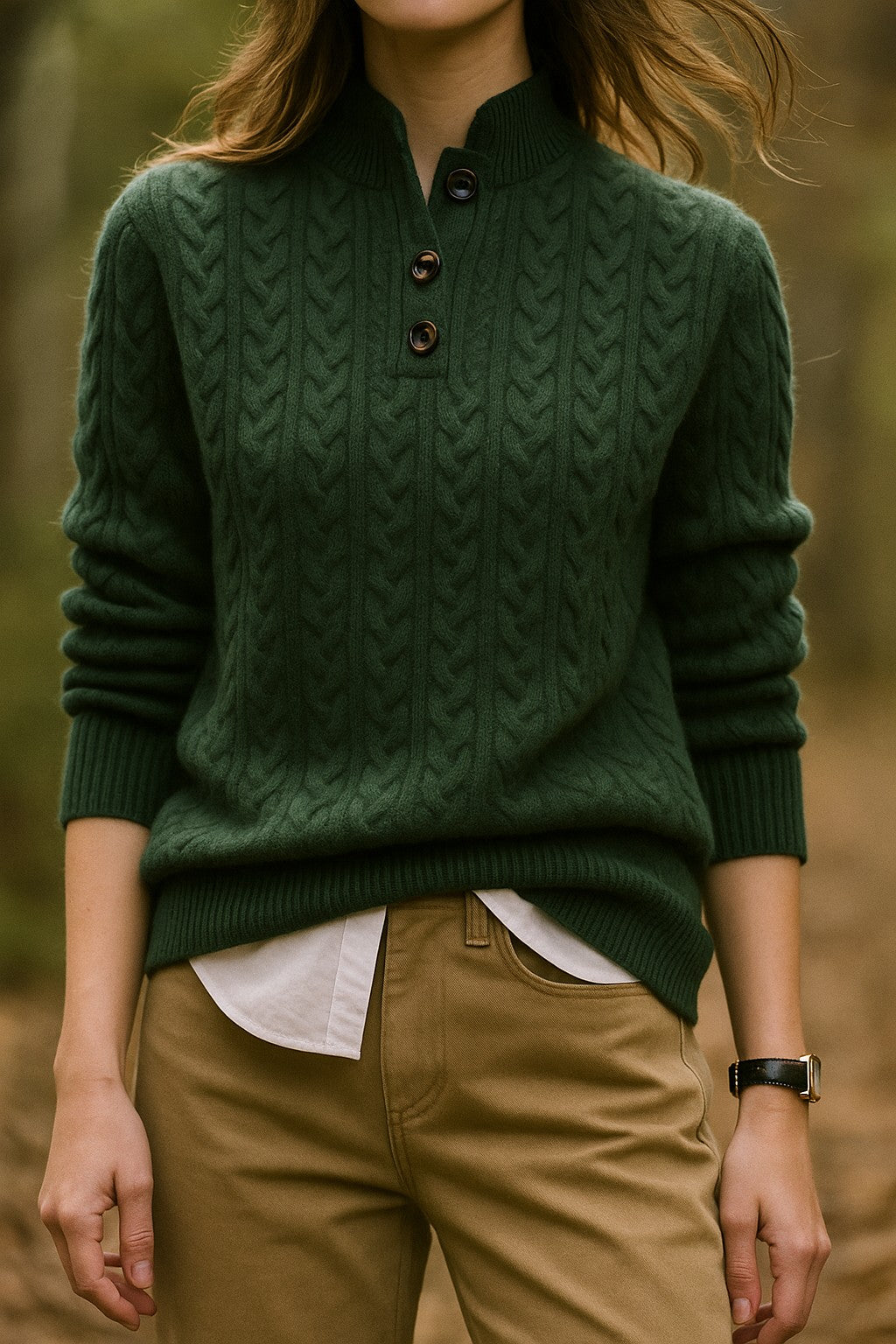 Green cable knit button-neck jumper