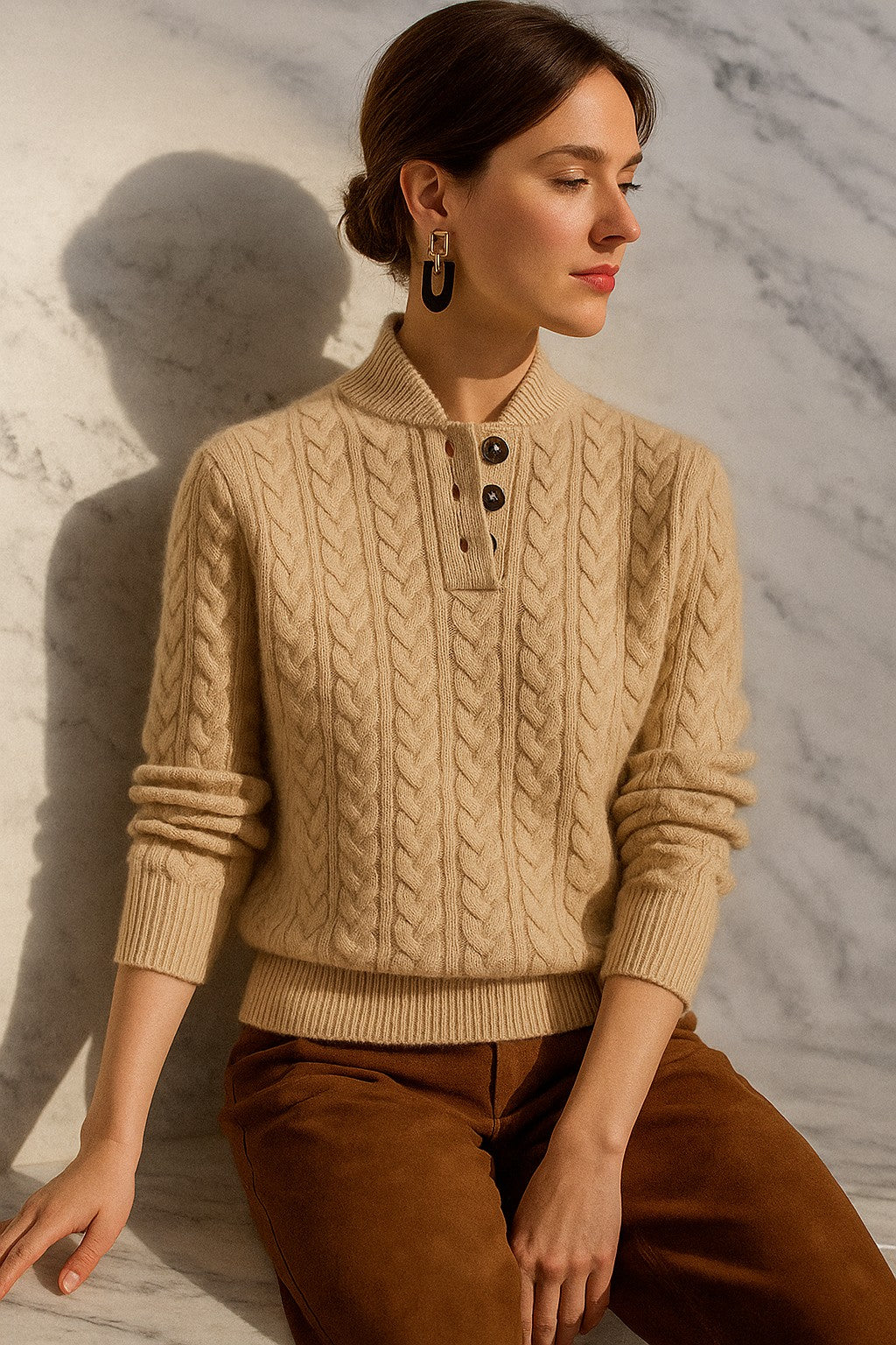 Khaki cable knit button-neck jumper