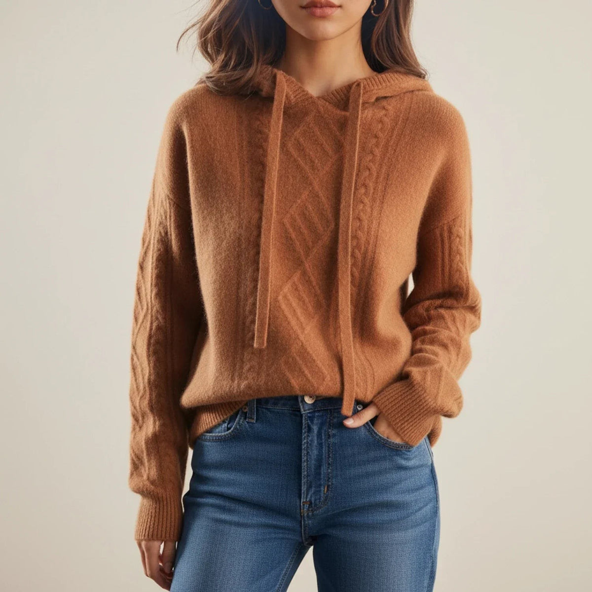 Brown cable knit hooded jumper