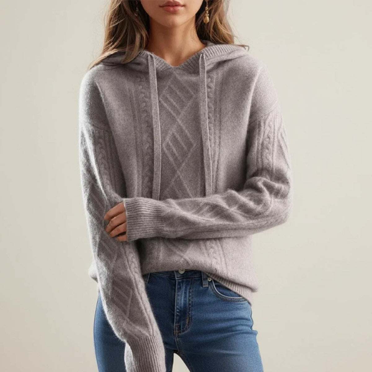 Gray cable knit hooded jumper