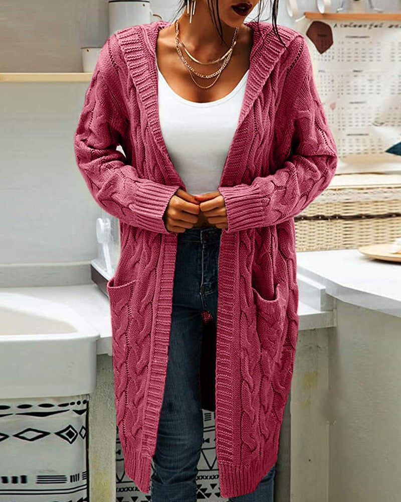 Red/Pink cable-knit hooded longline cardigan