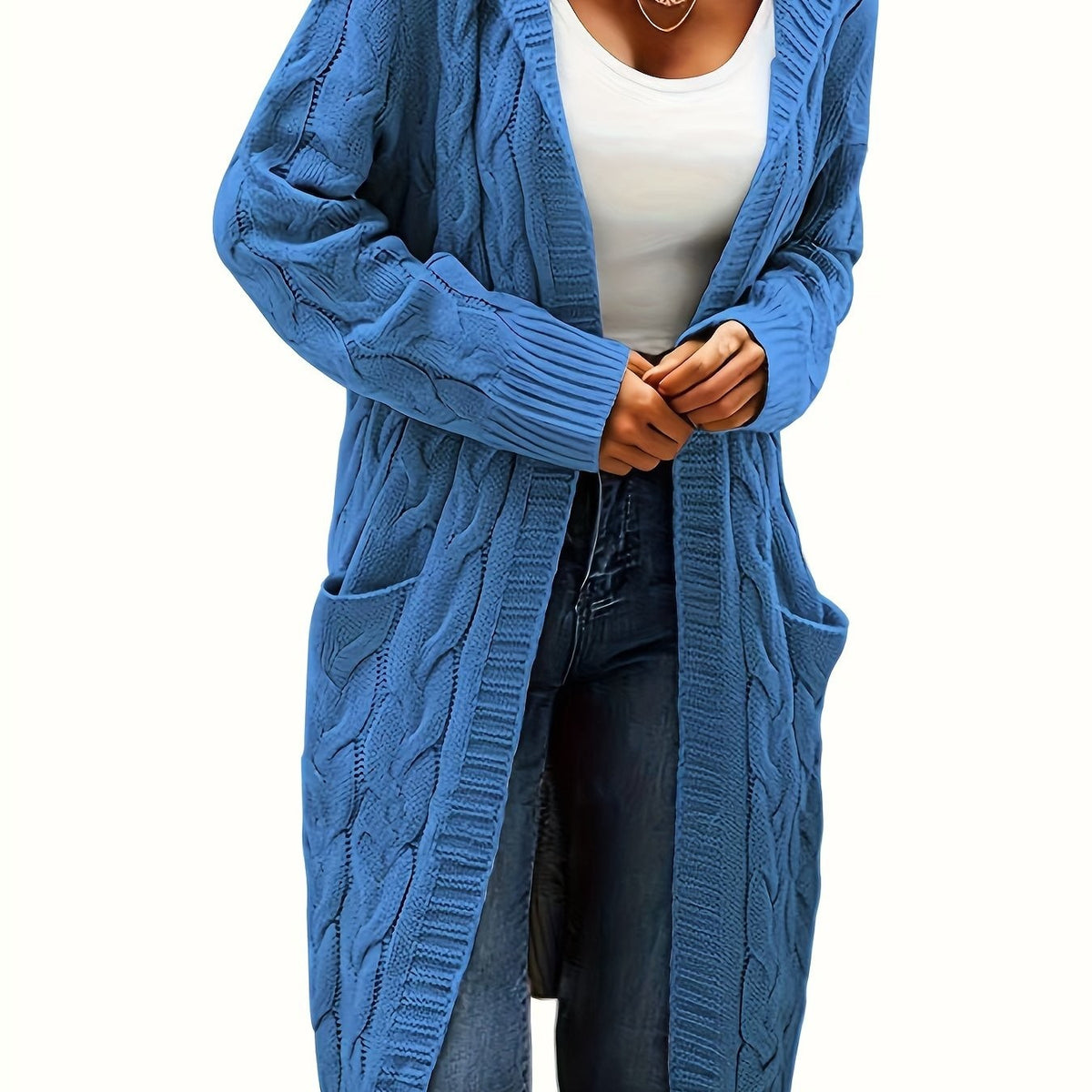 Cable-knit hooded longline cardigan