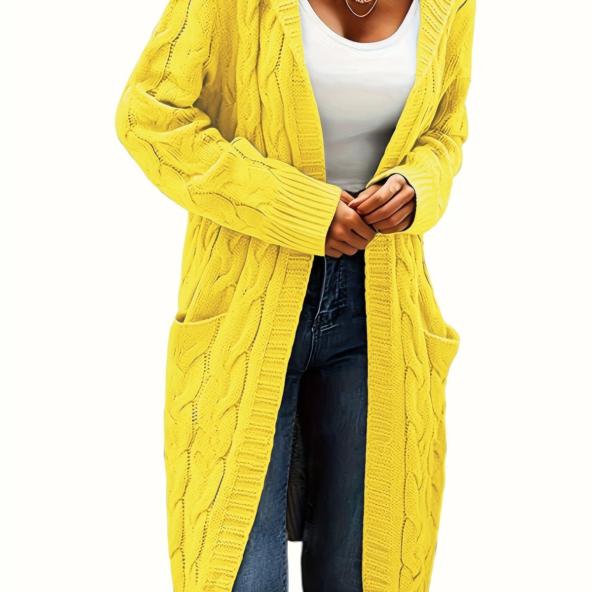Cable-knit hooded longline cardigan