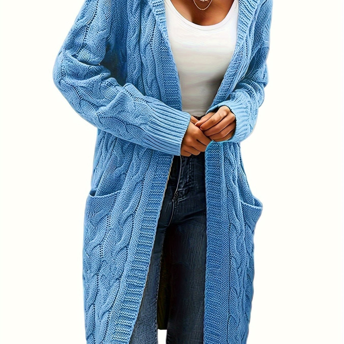 Cable-knit hooded longline cardigan