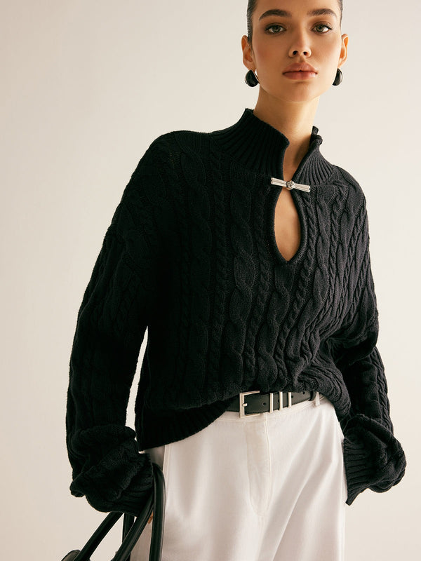Black cable knit keyhole high neck jumper