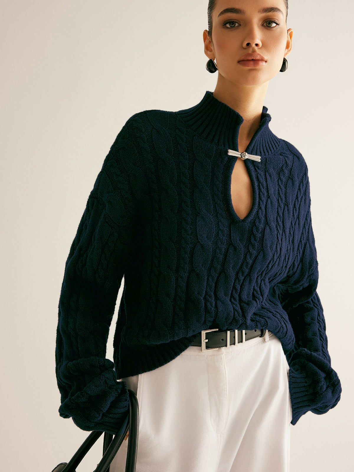 Navy cable knit keyhole high neck jumper