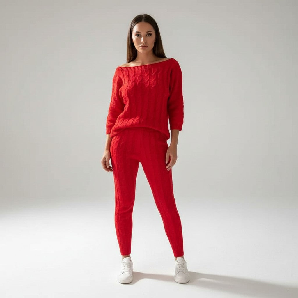 Red cable knit loungewear co-ord