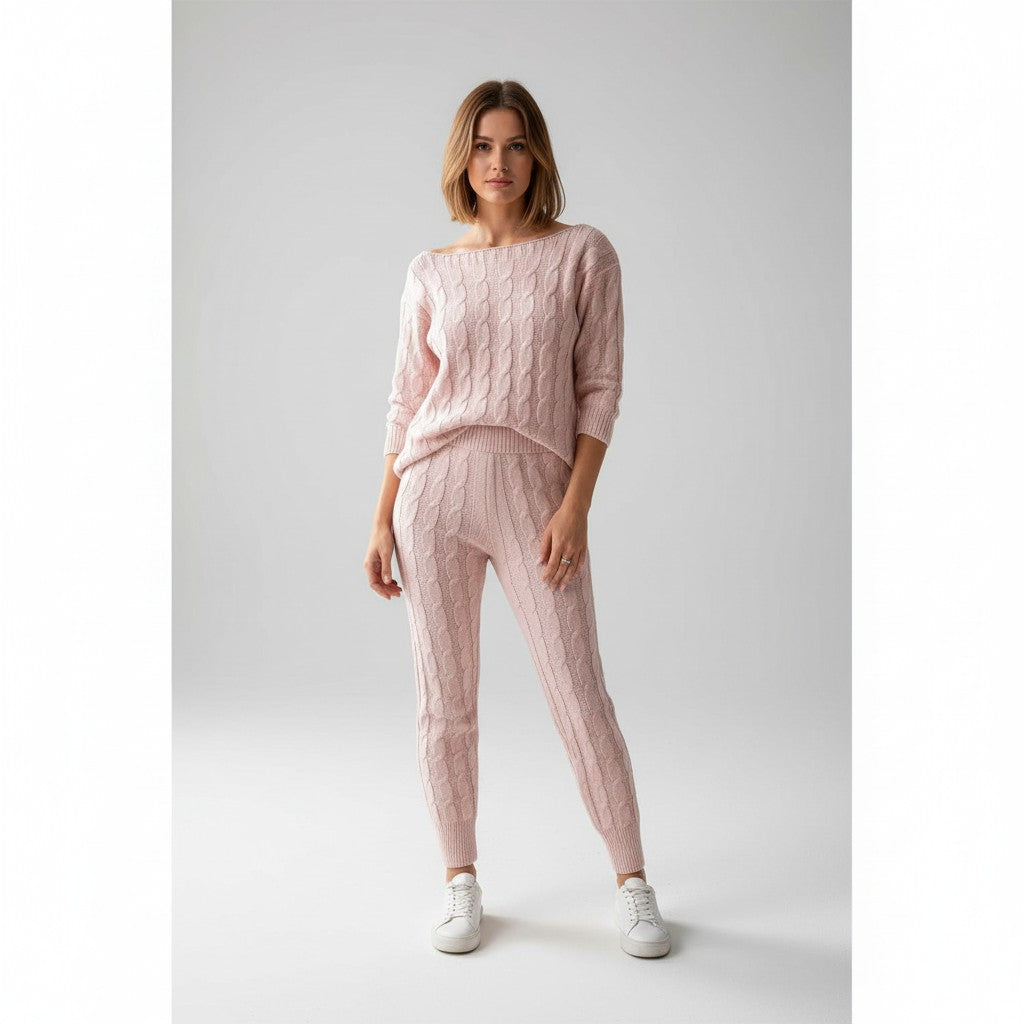 Pink cable knit loungewear co-ord