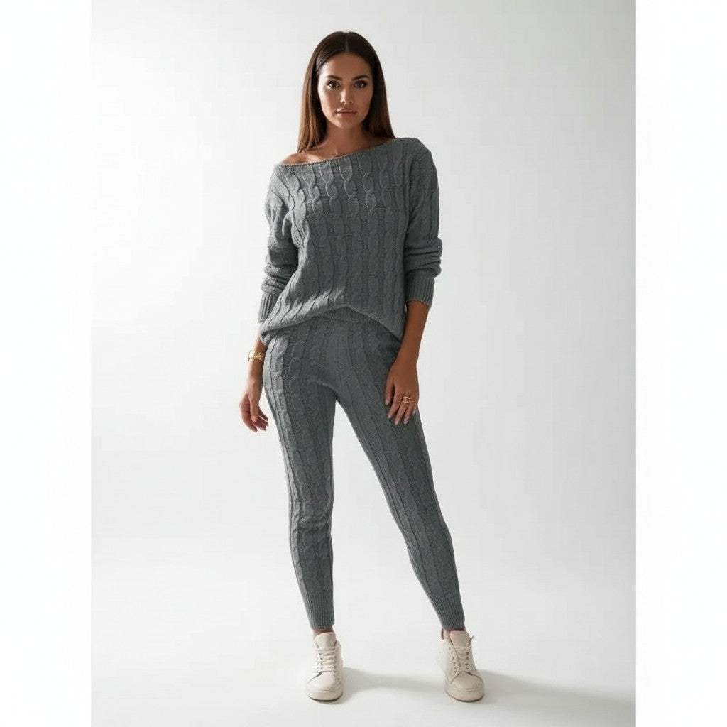 Grey cable knit loungewear co-ord