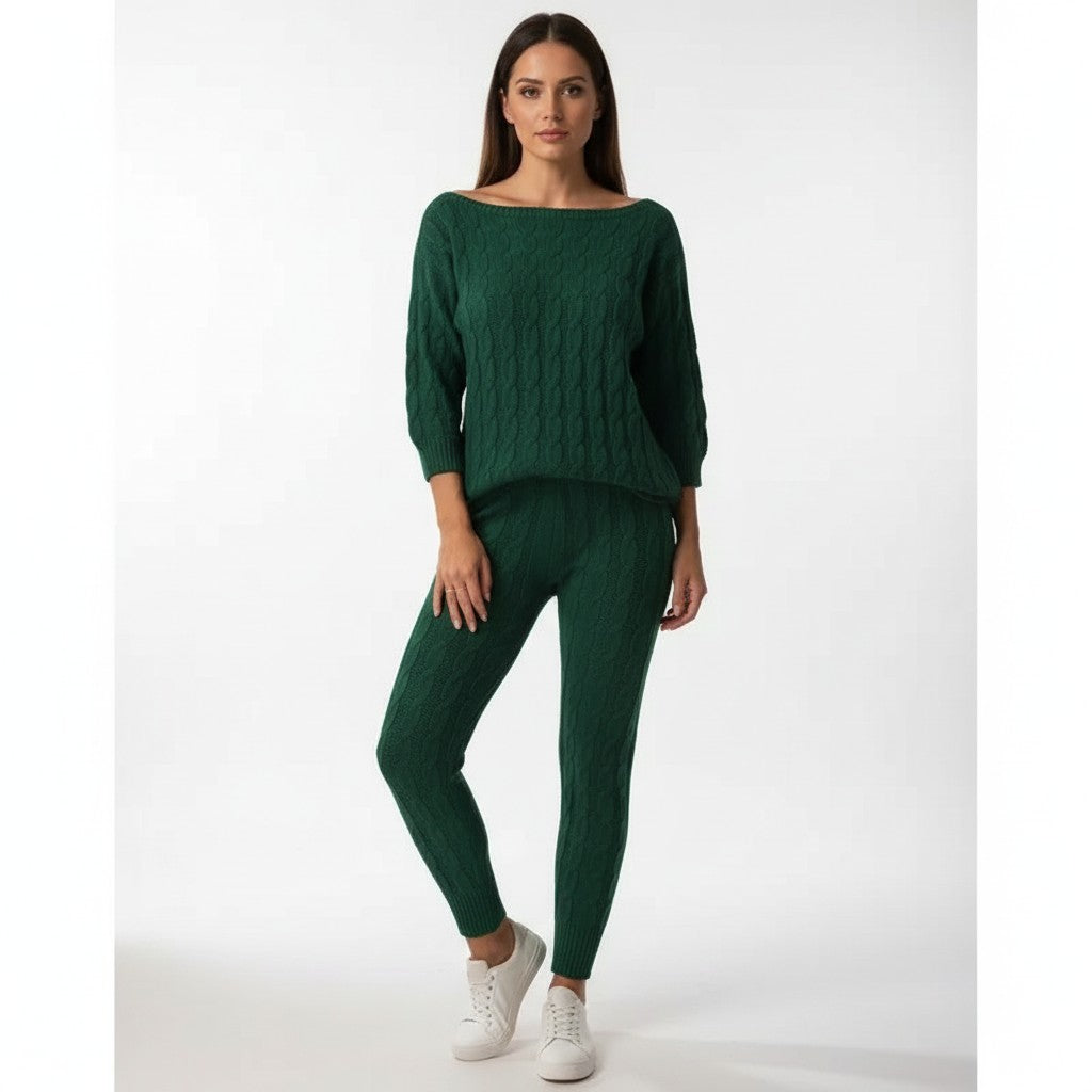 Green cable knit loungewear co-ord