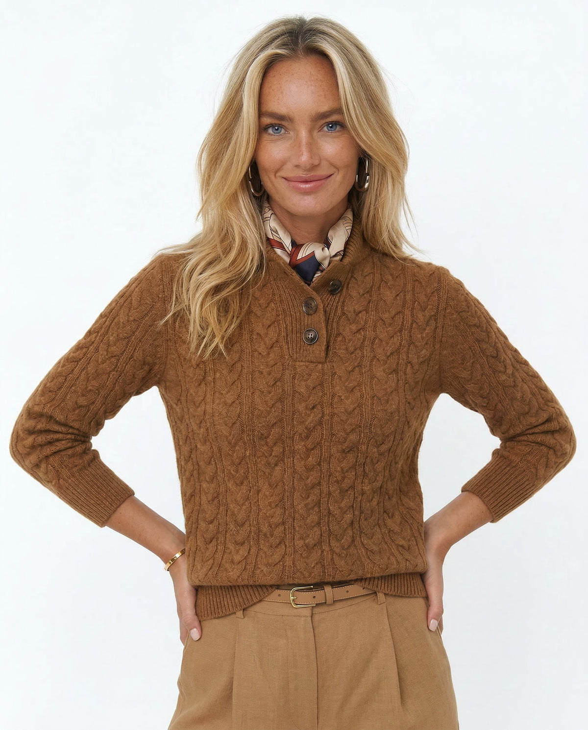 Cable knit merino button-neck jumper