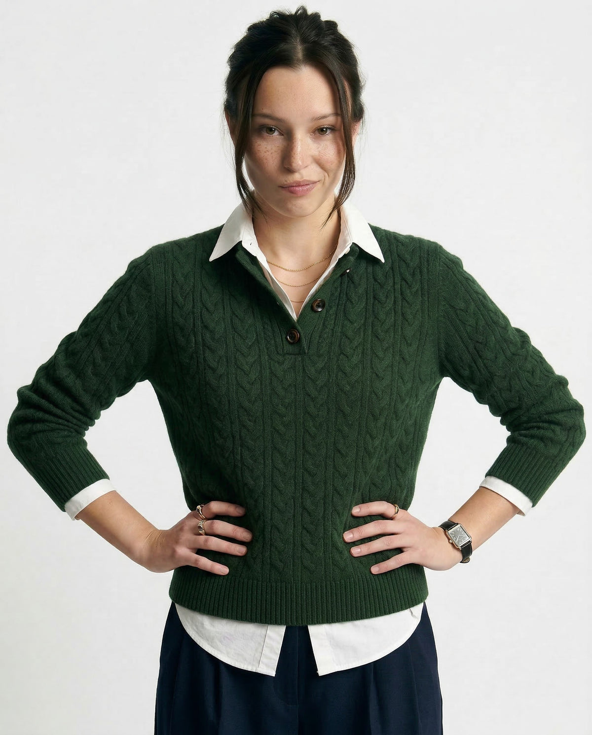 Cable knit merino button-neck jumper