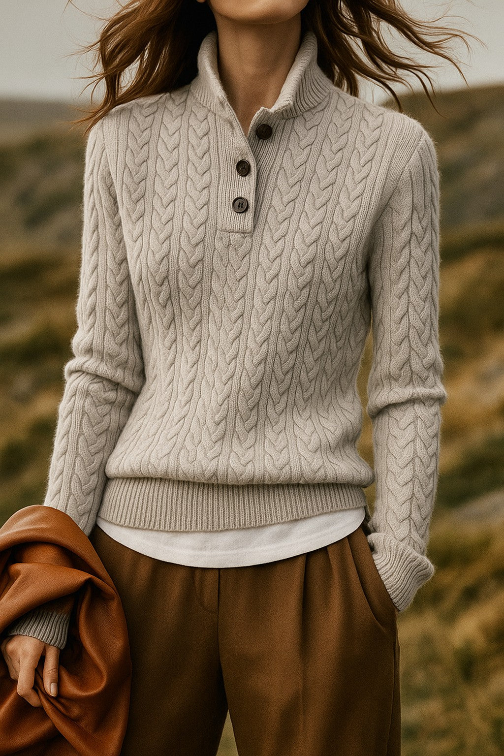 Cable knit merino button-neck jumper