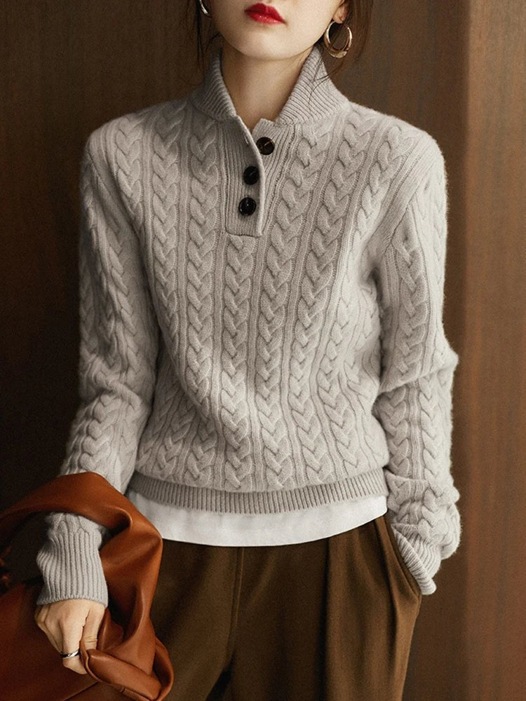 Cable knit merino button-neck jumper