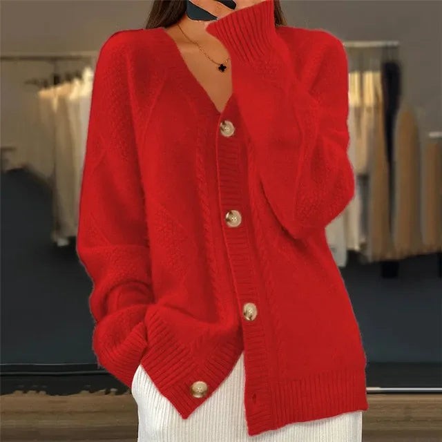 Red cable knit v-neck cardigan
