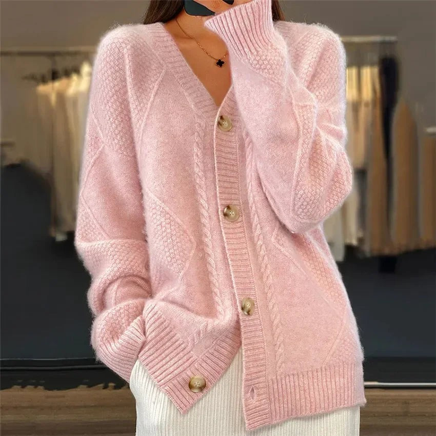 Pink cable knit v-neck cardigan
