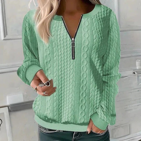 Green cable knit zip neck jumper