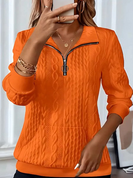 Orange cable textured zip sweatshirt