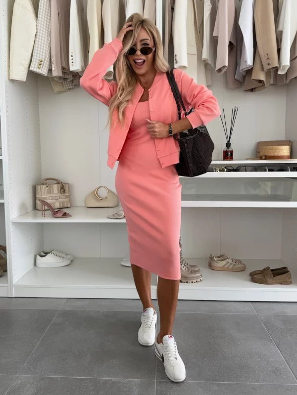 Pink cardigan and midi dress set