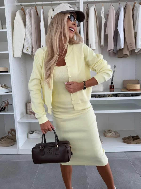 Yellow cardigan and midi dress set