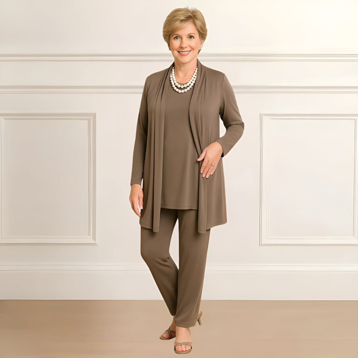 Brown cardigan, top and trouser set