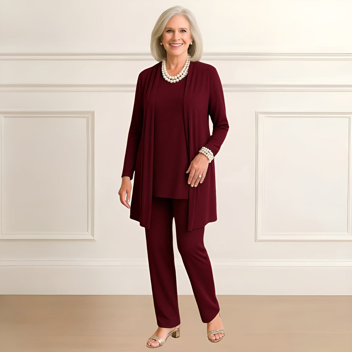 Burgundy cardigan, top and trouser set