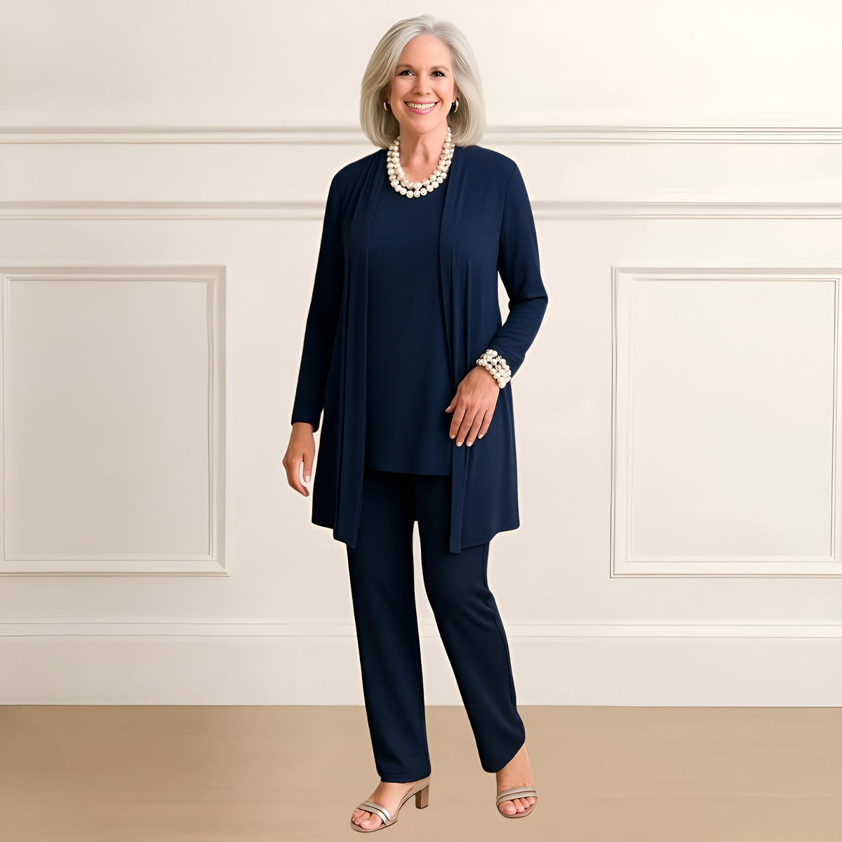 Blue cardigan, top and trouser set