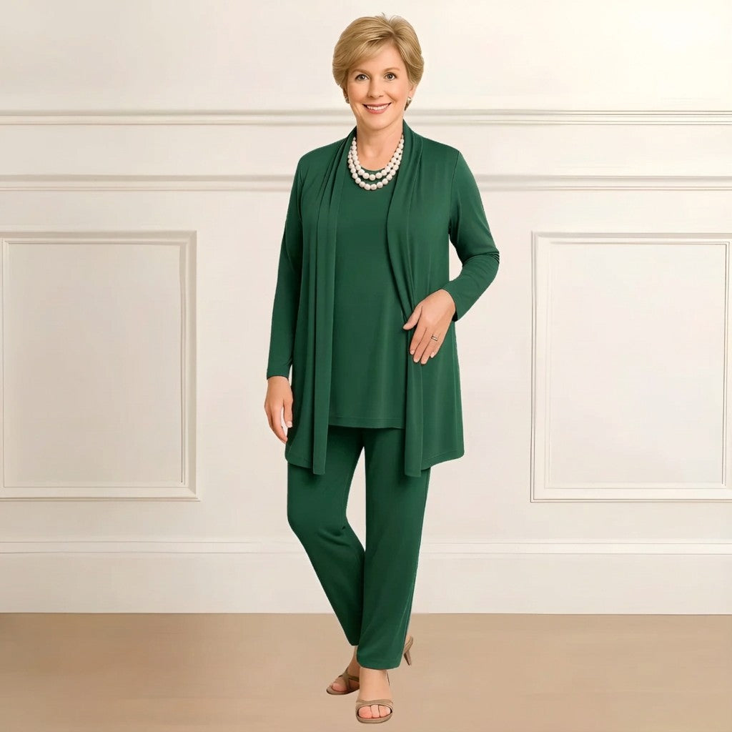 Green cardigan, top and trouser set