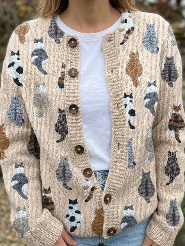 Beige cat-motif button cardigan