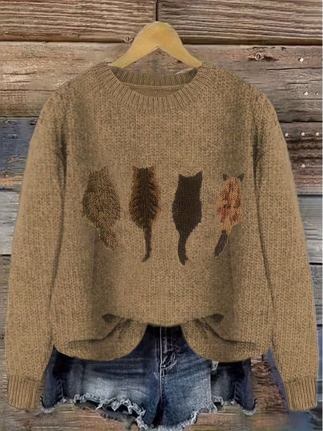 Brown cat motif knit jumper