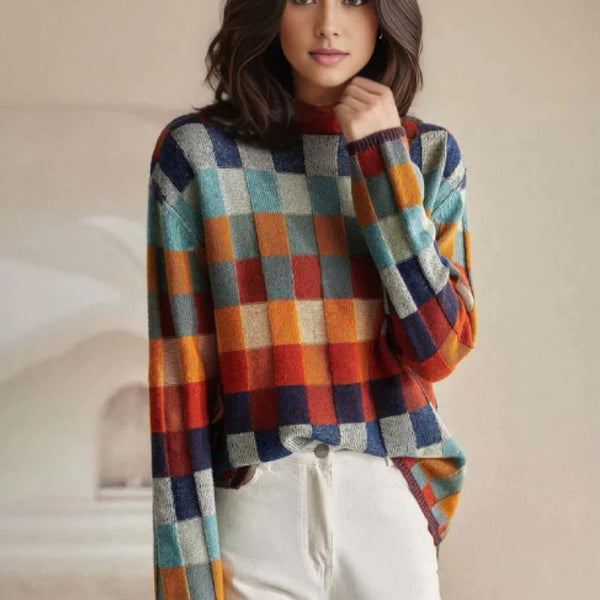 Orange checkerboard knit jumper