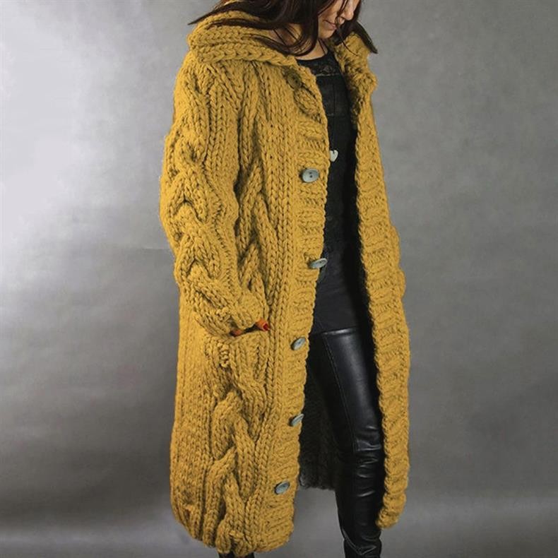 Yellow chunky cable-knit longline cardigan coat