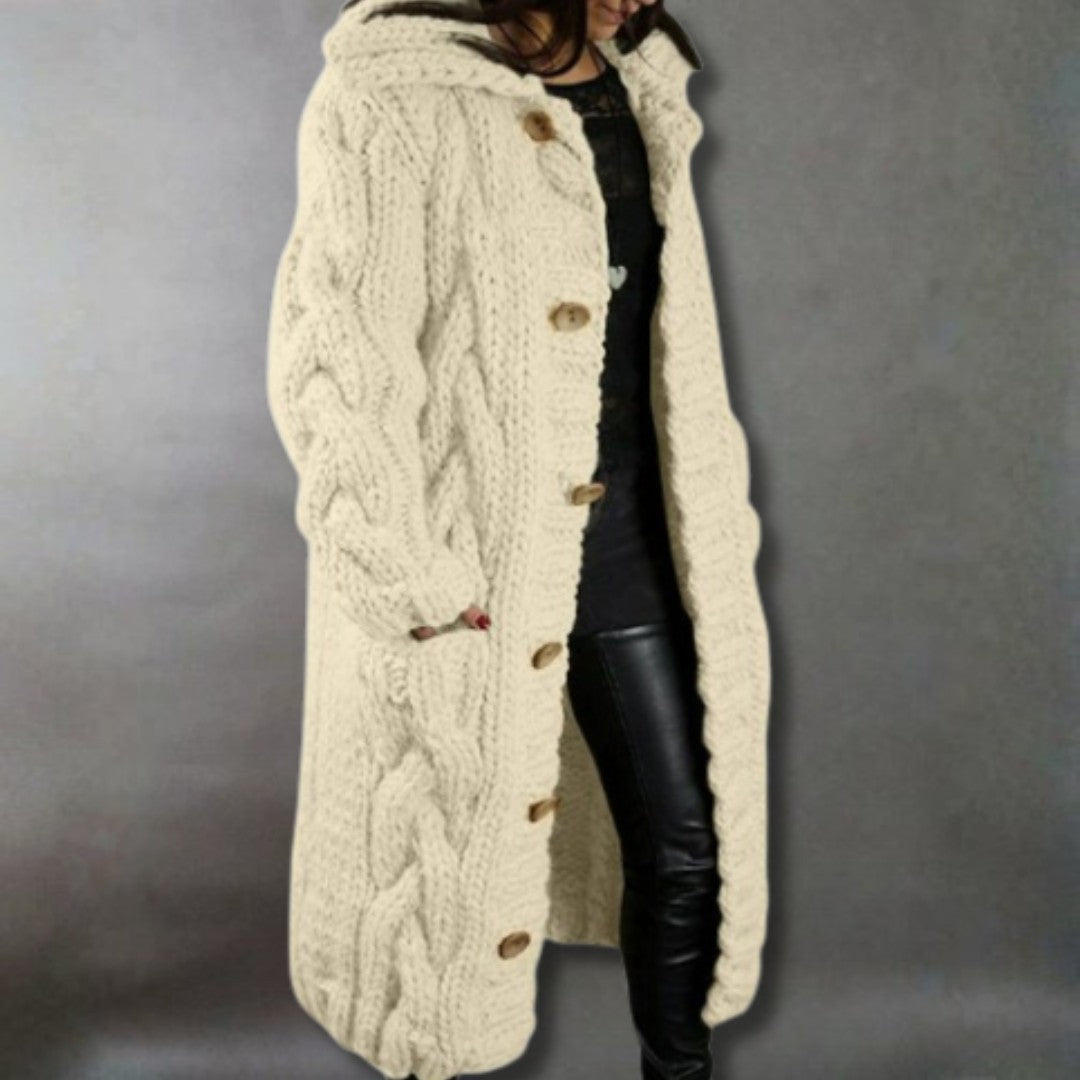 Beige chunky cable-knit longline cardigan coat