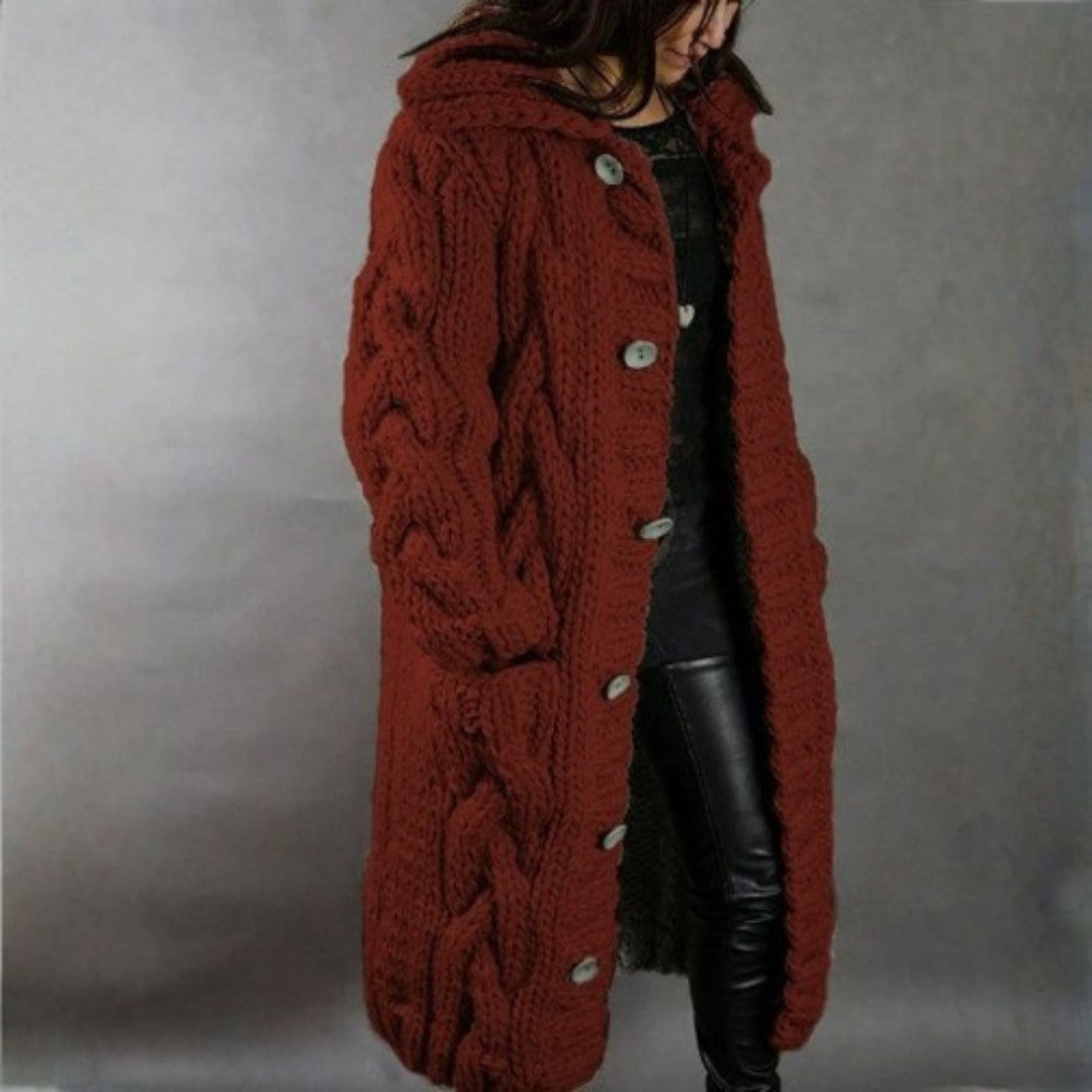 Red chunky cable-knit longline cardigan coat