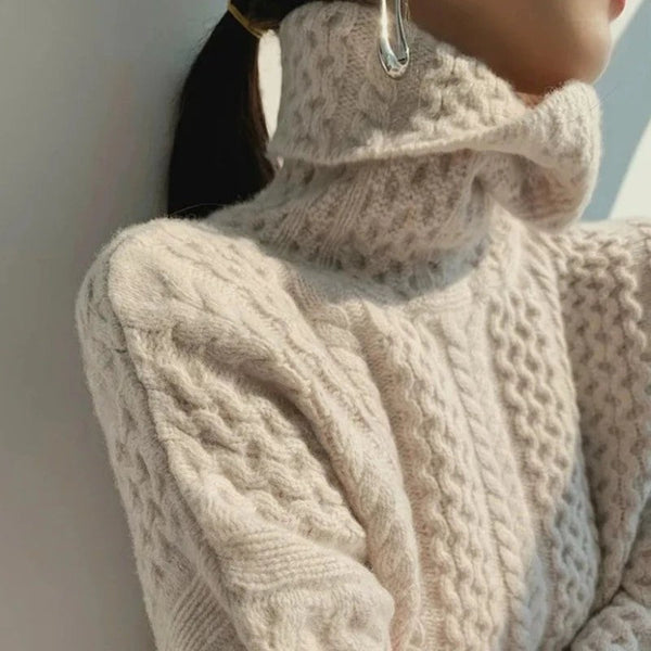 Beige chunky cable knit roll neck jumper