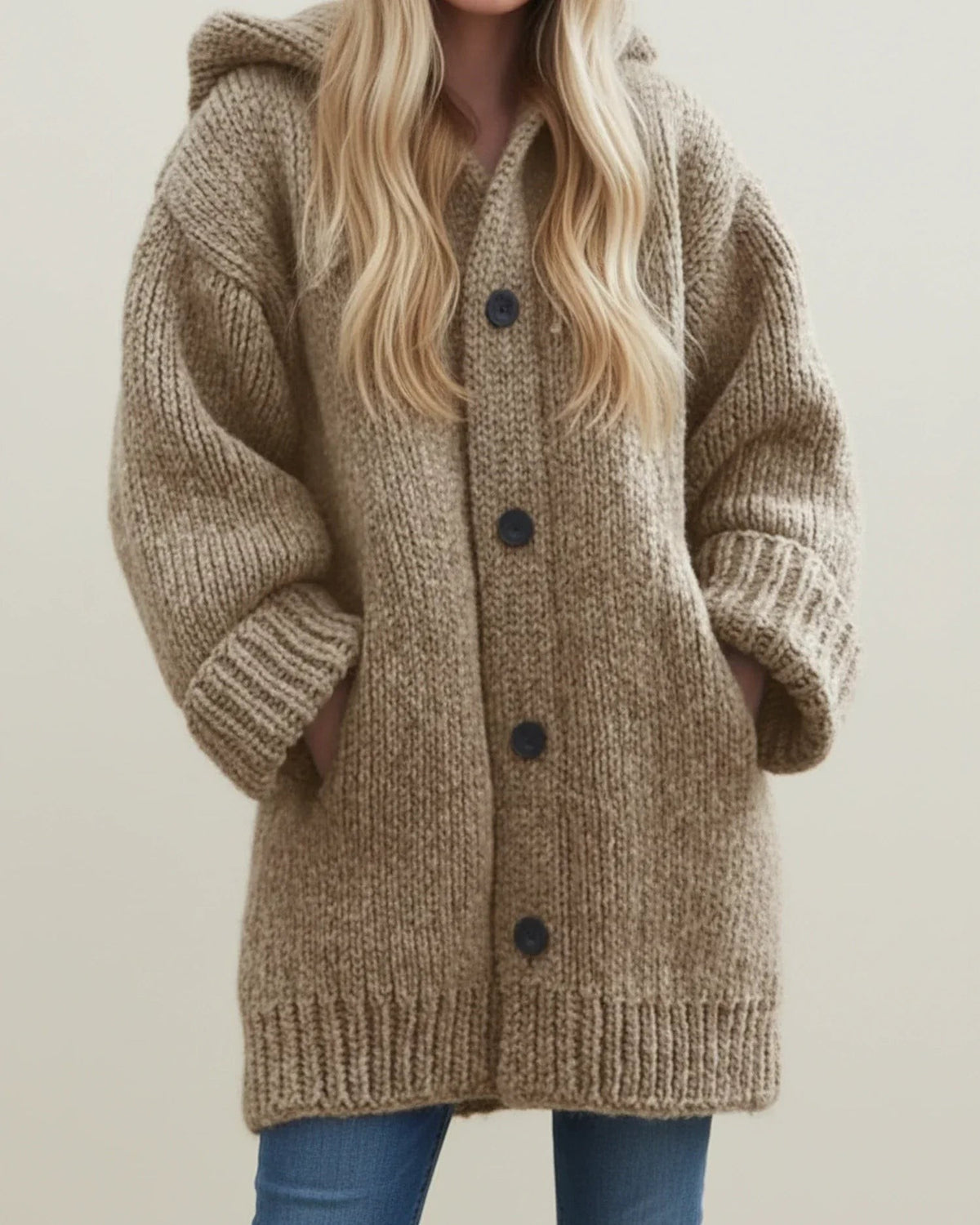 Khaki chunky hooded cardigan coat