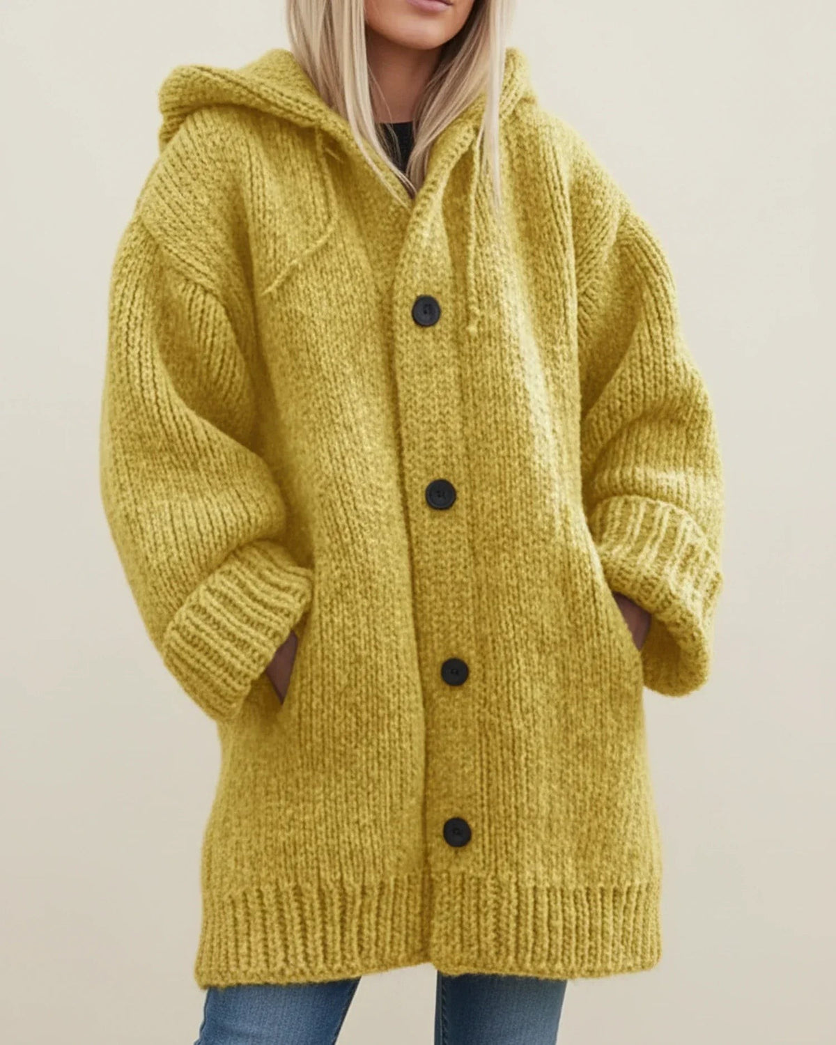 Yellow chunky hooded cardigan coat