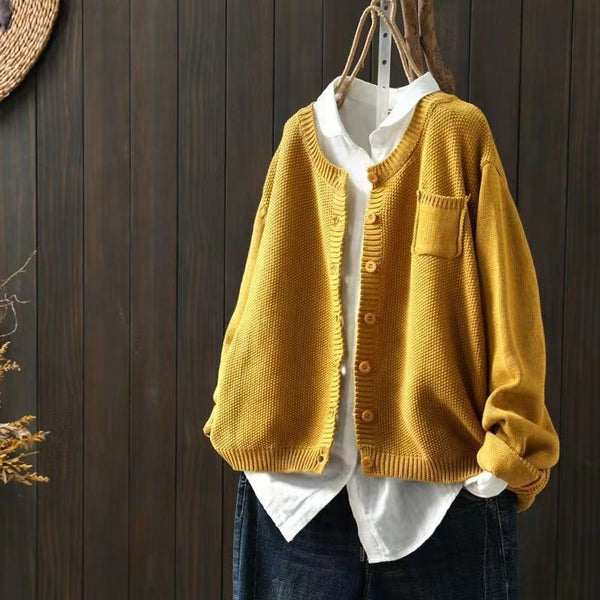 Yellow chunky knit cardigan with patch pocket
