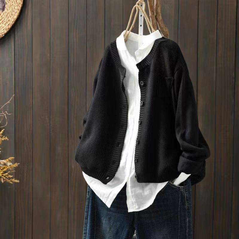 Black chunky knit cardigan with patch pocket