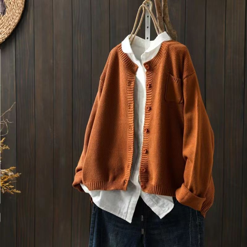 Rusty Orange chunky knit cardigan with patch pocket