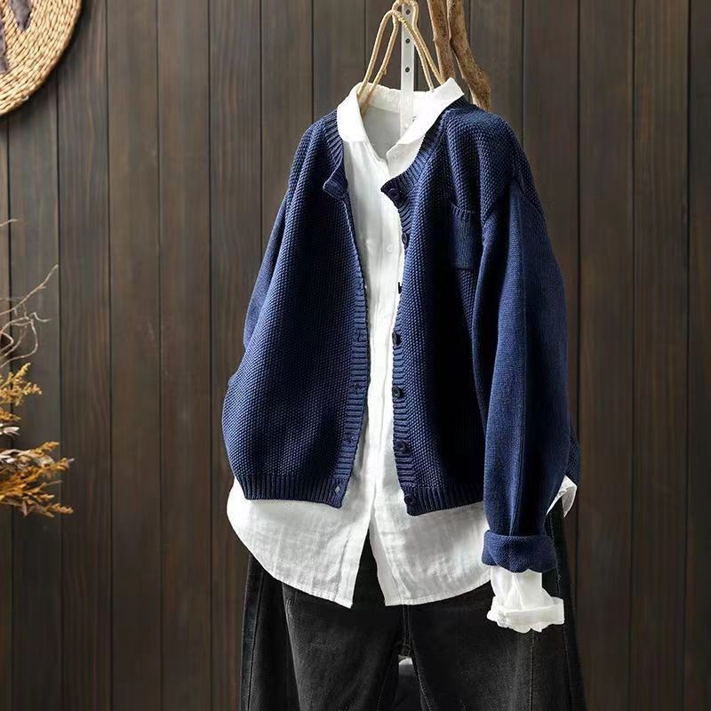 Blue chunky knit cardigan with patch pocket