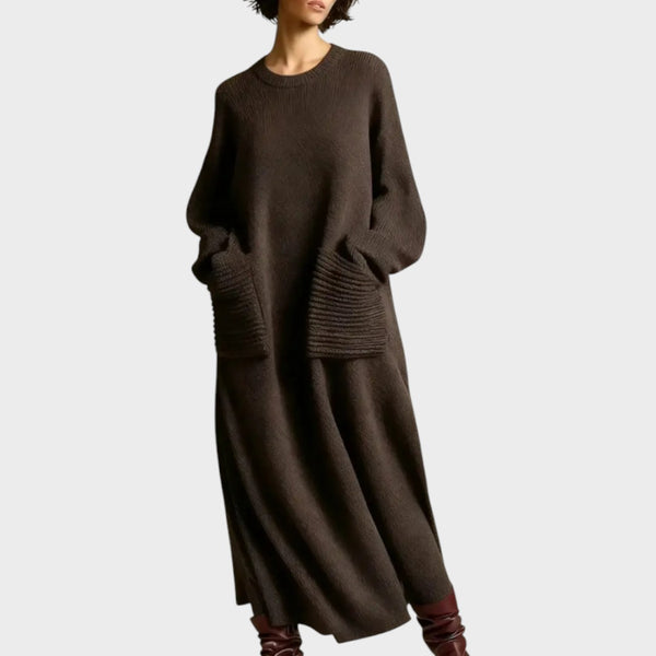 Coffee chunky knit patch-pocket midi dress
