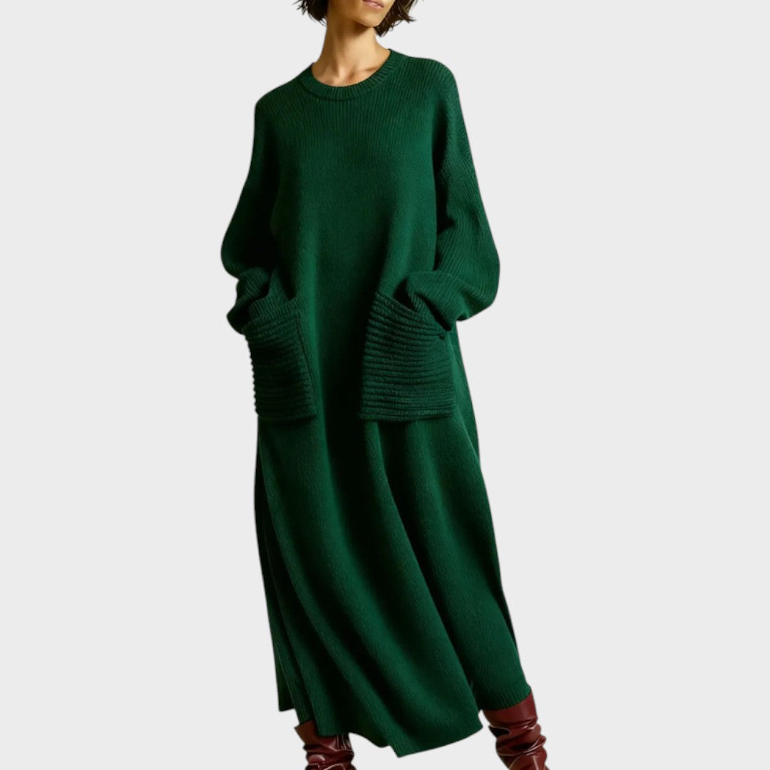 Green chunky knit patch-pocket midi dress