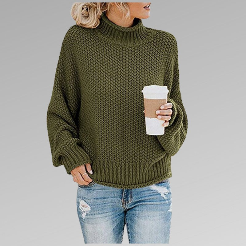 Green chunky knit roll neck jumper