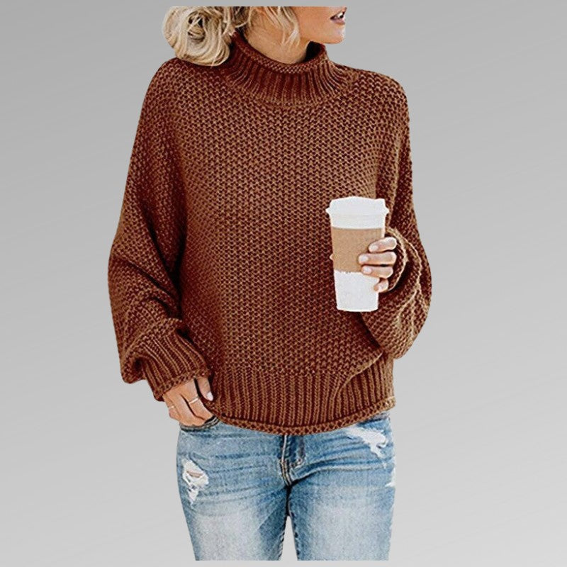Brown chunky knit roll neck jumper