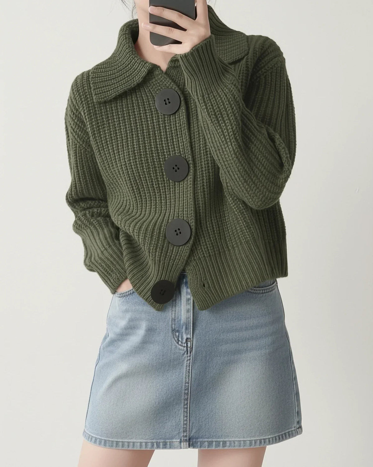 Green chunky ribbed collared cardigan