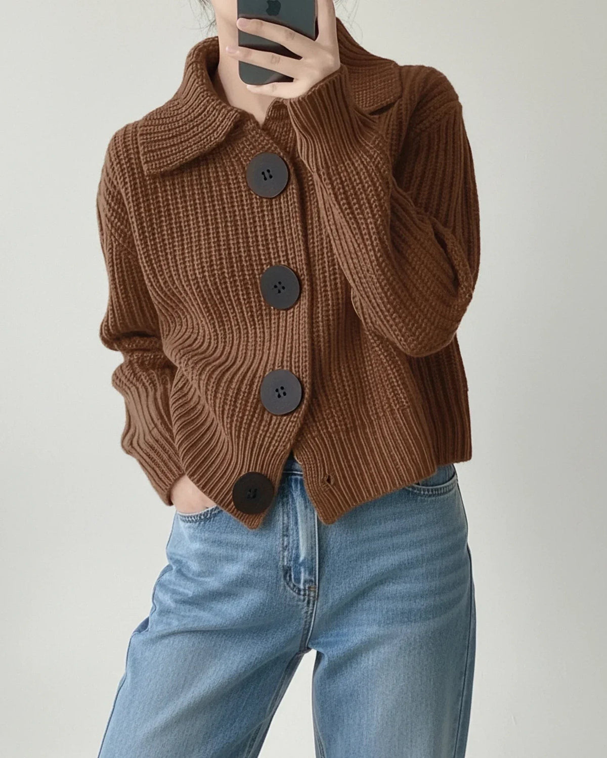 Brown chunky ribbed collared cardigan