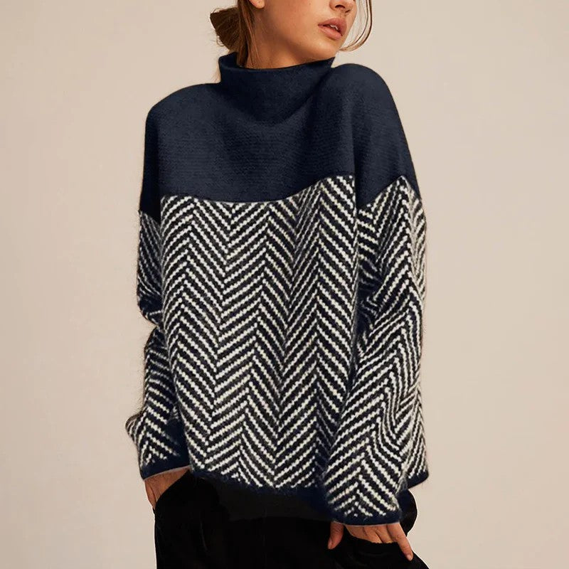 Navy Blue colourblock herringbone roll neck jumper