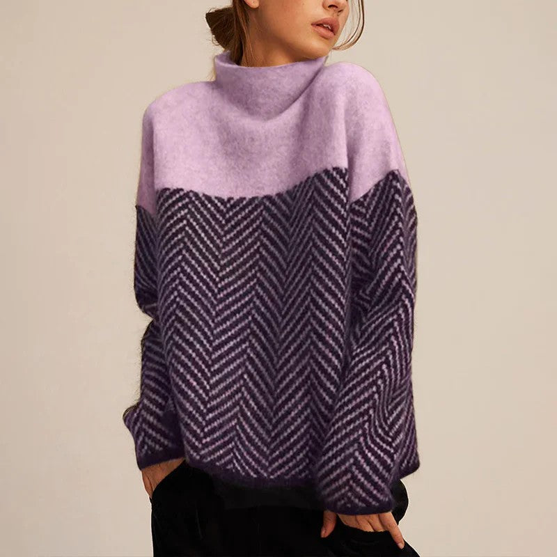 Purple colourblock herringbone roll neck jumper