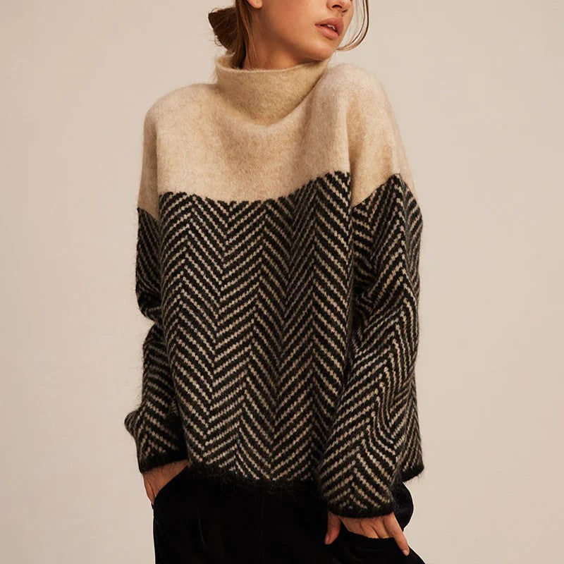 Beige colourblock herringbone roll neck jumper